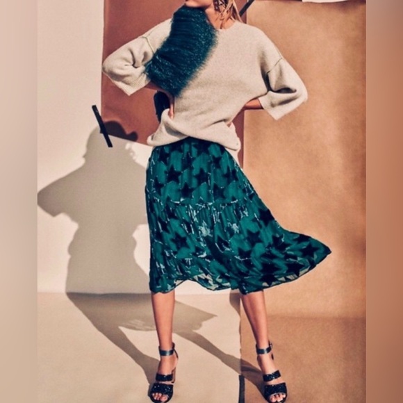 Anthropologie Maeve Starry-Eyed Velvet Teal Burnout Silk Blend Skirt Small